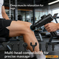 Person using a massage gun on their leg with gym equipment in the background, featuring HOMEFISH branding.