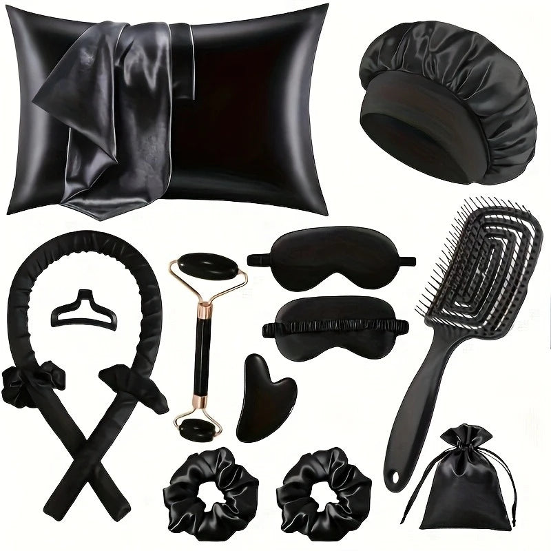 Collection of black beauty and self-care products on a white background