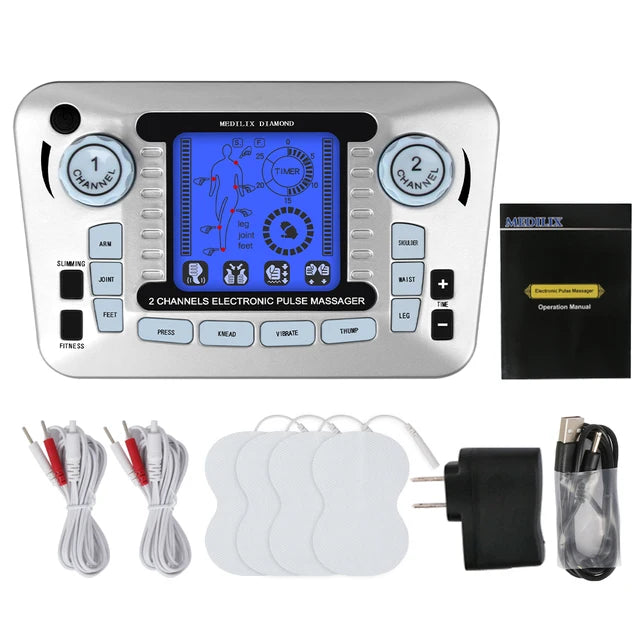 Electronic pulse massager with accessories on a white background
